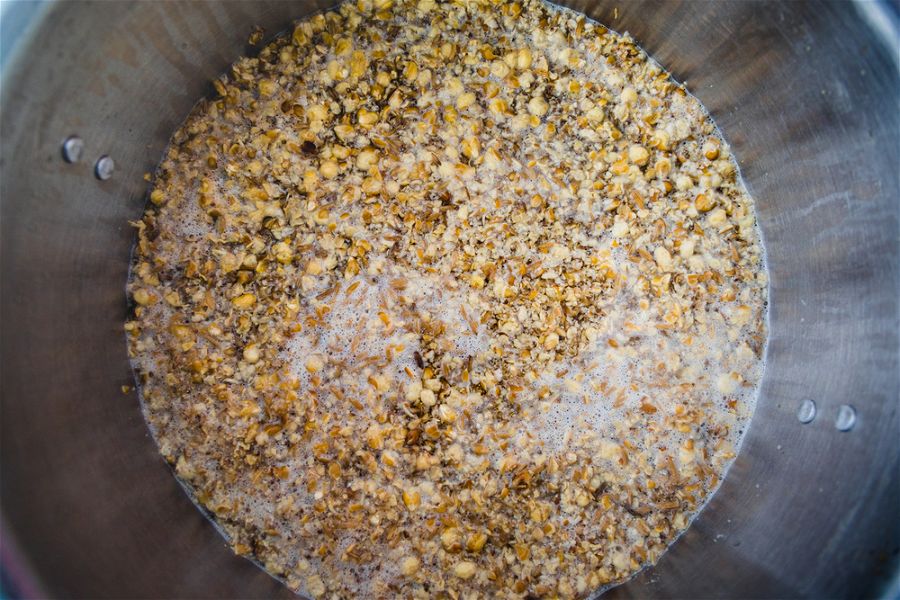 Mashing in a Stainless Kettle a Home Brew Cream Ale with Crushed Barley and Corn