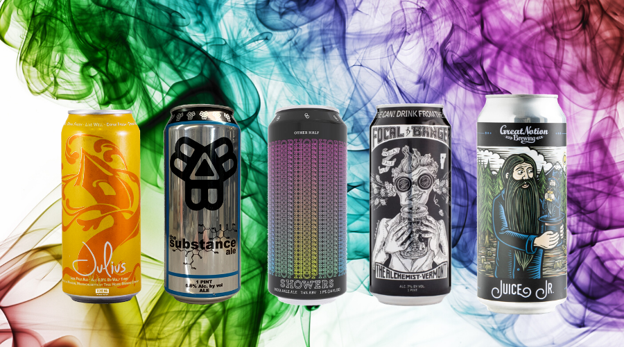 cans of julius, the substance, hop showers, focal banger and juice jr on a smokey background