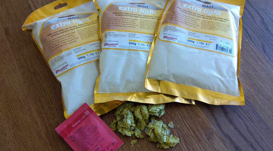 homebrewing ingredients including extra light malt extract, hops, and Safale US 05 dry yeast