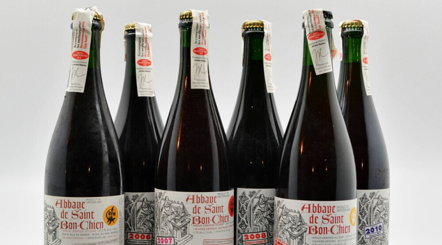6 bottles of L'Abbaye de Saint Bon-Chien from Brasserie des Franches-Montagnes on a white background