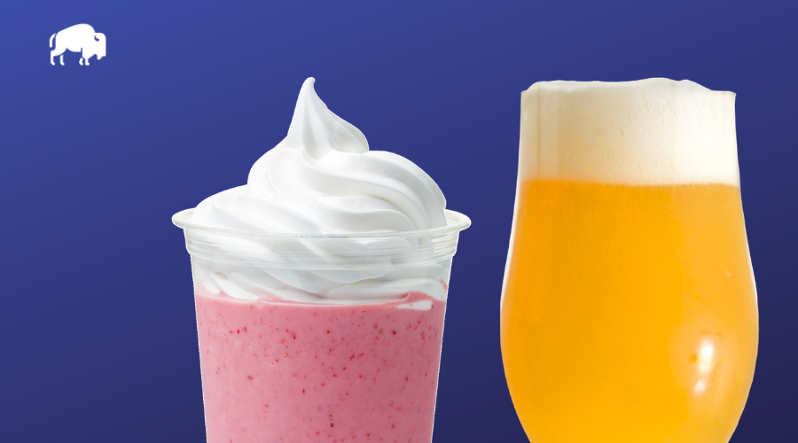 strawberry milkshake and a new england ipa next to each other