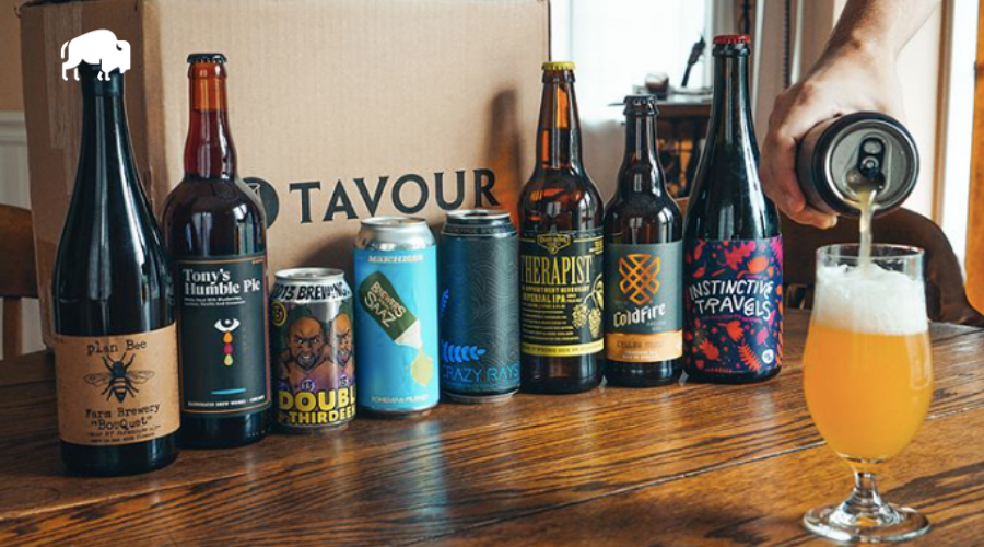 beer subscription box Tavour with 9 beers in front of the box