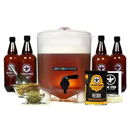 BrewDemon Craft Beer Kit with Bottles - Conical Fermenter Eliminates Sediment and Makes Great Tasting Home Made Beer - 1 gallon pilsner